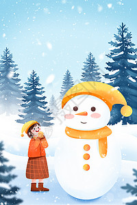 圣诞旅游冬天堆雪人的小女孩插画