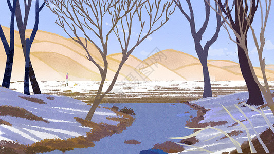 冬天雪天遛狗冬季里散步插画