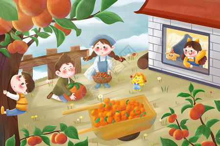 秋天采摘柿子插画高清图片