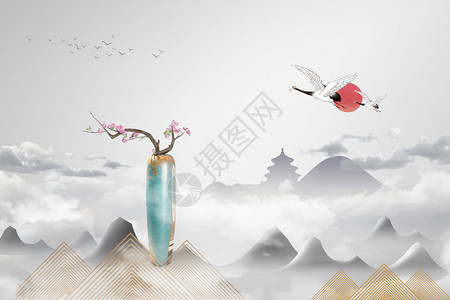 仙鹤和树中式背景设计图片