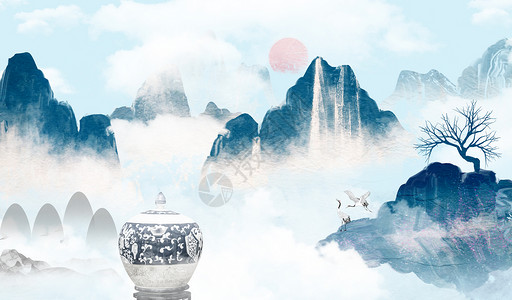 中式背景中式山云蓝色高清图片