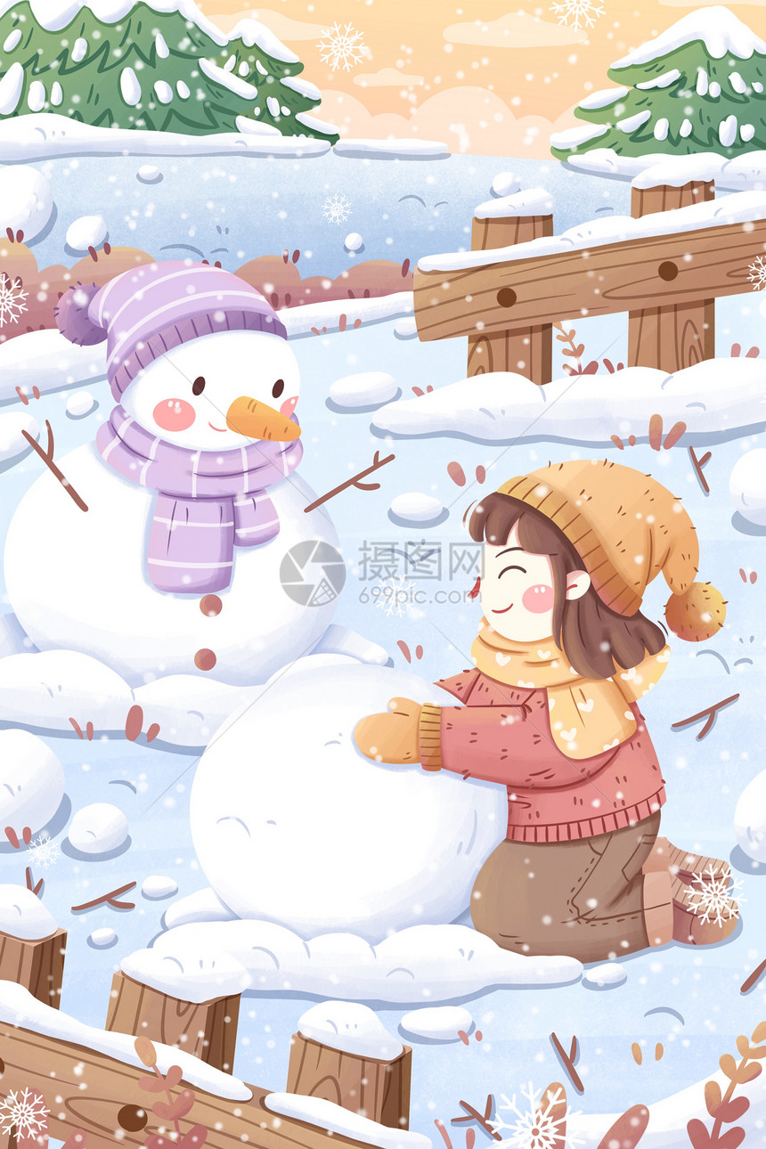 小雪节气女孩堆雪人插画图片