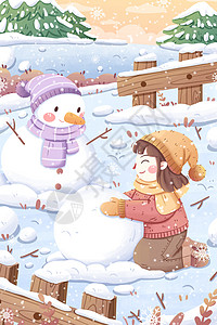 小雪节气女孩堆雪人插画高清图片