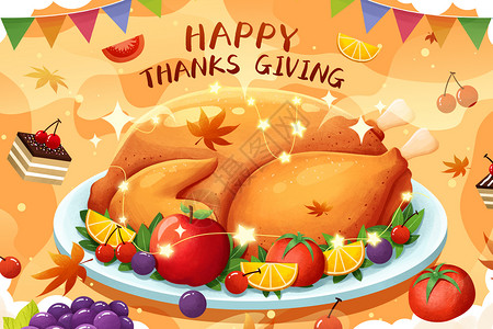 11月22日感恩节美味火鸡美食插画背景图片