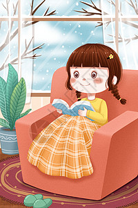 冬天居家看书的小女孩图片