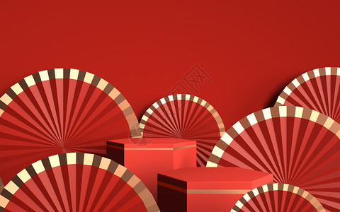 红色古风圆红金扇面中式展台设计图片