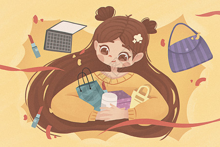 电脑开心购物节可爱女孩购物扁平插画插画