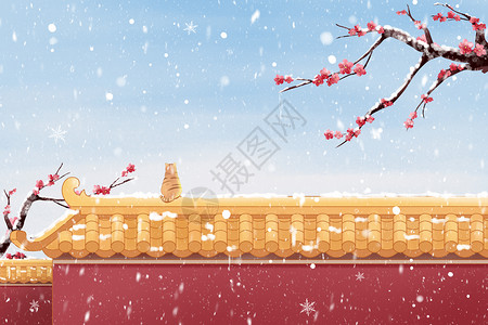 梅花傲雪唯美冬天下雪红梅墙壁背景节气插画插画