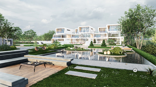 花园水池3D豪华别墅场景设计图片