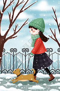 冬天散步遛狗的女孩图片