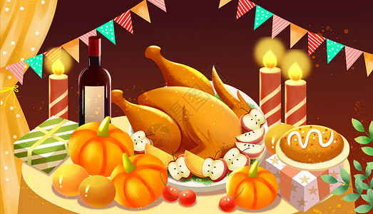 感恩节南瓜火鸡丰盛晚餐插画图片