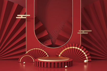 红色扇子素材中式展示台背景设计图片