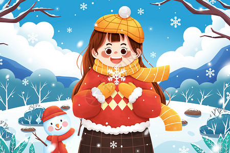 你好冬季清新二十四节气小雪女孩与雪人冬季雪地插画插画