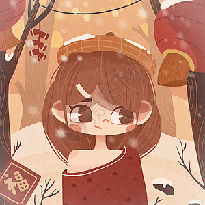 眼睛红过年春节穿红毛衣的小女孩头像插画