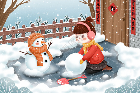 冬天堆雪人的女孩卡通插画图片