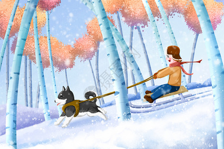 白桦林雪景滑雪的男孩插画