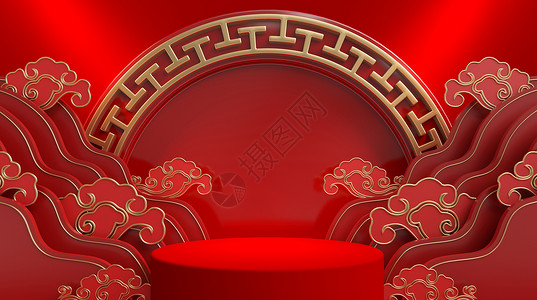中式展台红色3D舞台高清图片