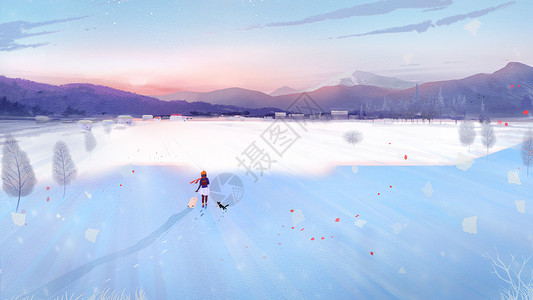 雪天路滑唯美简约大气冬季在路仿水彩插画插画