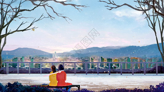 普达措公园冬天和闺蜜一起看冬季城市景色唯美插画插画
