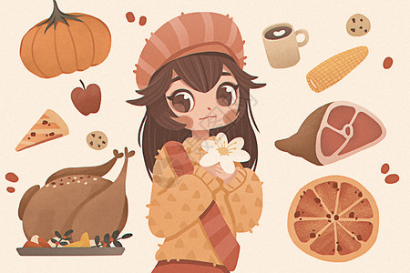 苹果人物感恩节可爱女孩与各种美食插画