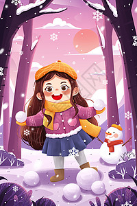 冬天你好海报冬季雪地女孩与雪人二十四节气插画插画