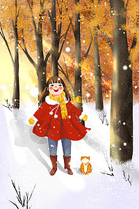 丛林里的猫咪冬天树林里女孩看下雪的情景插画