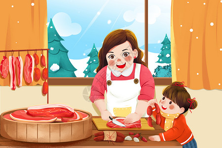 传统习俗妈妈与孩子一起腌制腊肉卡通插画背景图片