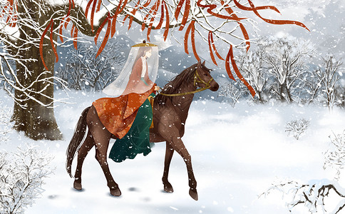 彩墨古代女子唯美古风写意雪地骑马的古代女子插画插画