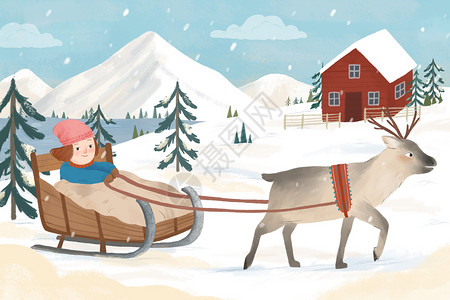 冬季女孩拉着麋鹿滑雪卡通插画背景图片
