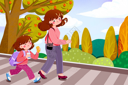 公园散步母女冬天忙碌的妈妈送孩子上学卡通插画插画