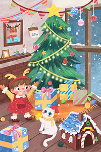 圣诞树下猫咪送小女孩圣诞礼物温馨画面卡通插画背景图片