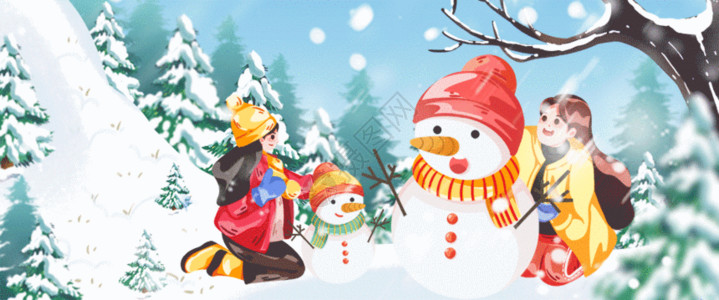 儿童堆雪人大雪之和家人堆雪人GIF高清图片