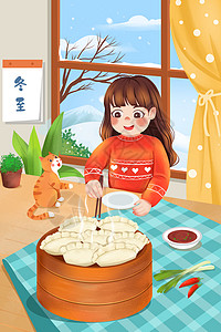 儿童桌冬至到来女孩与小猫咪一起吃水饺温暖画面儿童插画插画