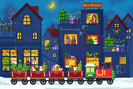 圣诞小火车夜晚冬天下雪很多房屋和拉着很多礼物圣诞树的小火车之圣诞节插画插画