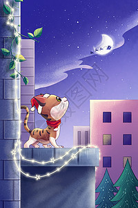 紫色卡通夜晚仰望圣诞老人的小猫插画背景图片