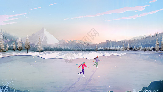 秋冬海报冬季情侣一起去滑冰插画