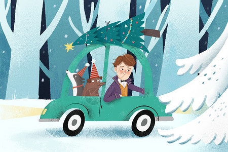 宠物聚会男人开车背着圣诞树和狗狗们去聚会卡通插画插画