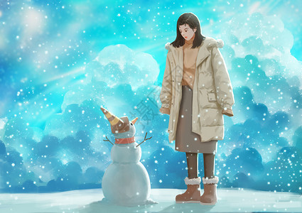 蓝色治愈系女孩雪中遇到雪娃娃奇遇插画背景图片