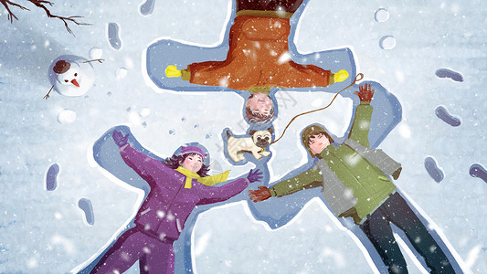装饰树枝下雪天和朋友一起在雪地里玩耍卡通插画插画