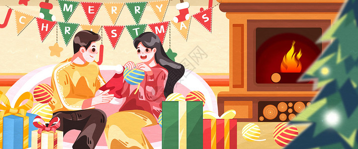 情侣圣诞一起过温暖的圣诞节卡通插画banner插画