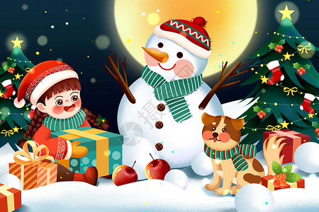 礼物和狗狗温馨平安夜女生抱礼物与可爱雪人狗狗过圣诞节插画插画