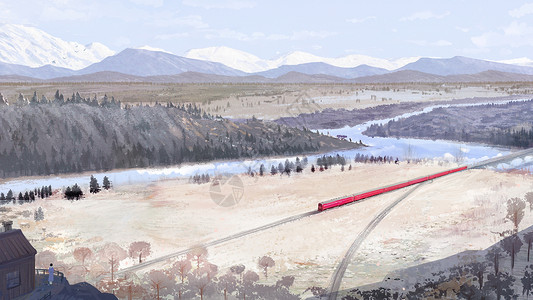 唯美治愈冬日旅行的火车风景卡通插图图片