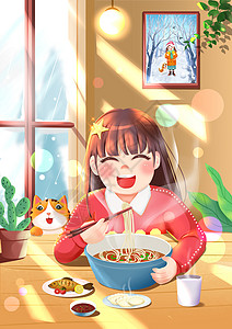 唯美温暖色系卡通人物冬至下雪居家女孩冬日吃面食儿童可爱人物插画图片