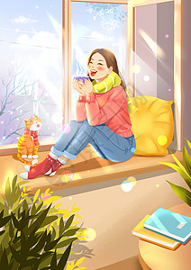 雪猫坐在窗边看窗外下雪喝奶茶的女孩温暖治愈系唯美插画插画