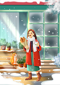 冬日的第一杯咖啡下着大雪的冬天出门买咖啡的女孩唯美温暖治愈插画插画