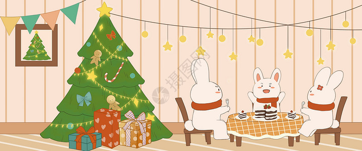 小兔子一家过圣诞节插画banner背景图片