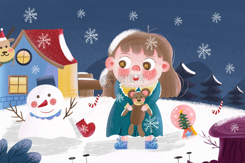 圣诞节小女孩和雪人在雪地玩耍卡通插画图片