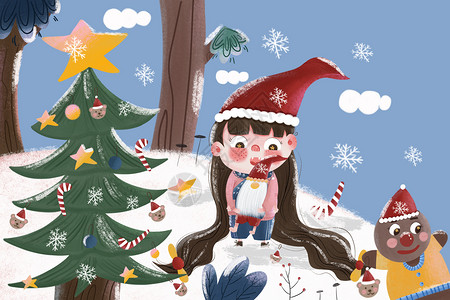 圣诞节小女孩和姜饼在雪地玩耍卡通插图高清图片