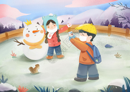 冬至冬天堆雪人拍照卡通插画背景图片
