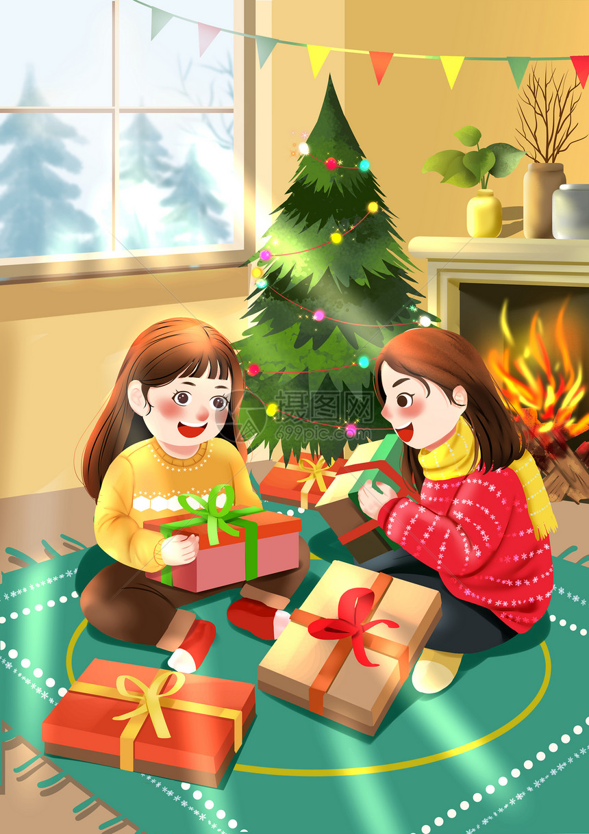 圣诞节在家收到圣诞礼物卡通人物温暖插画图片